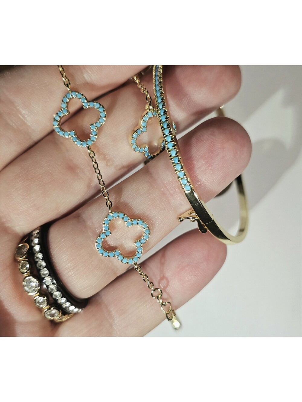 Gold-plated Turquoise CZ Bracelets Pave Hinged Bangle Clover Chain Set Of Two - Picture 5 of 6